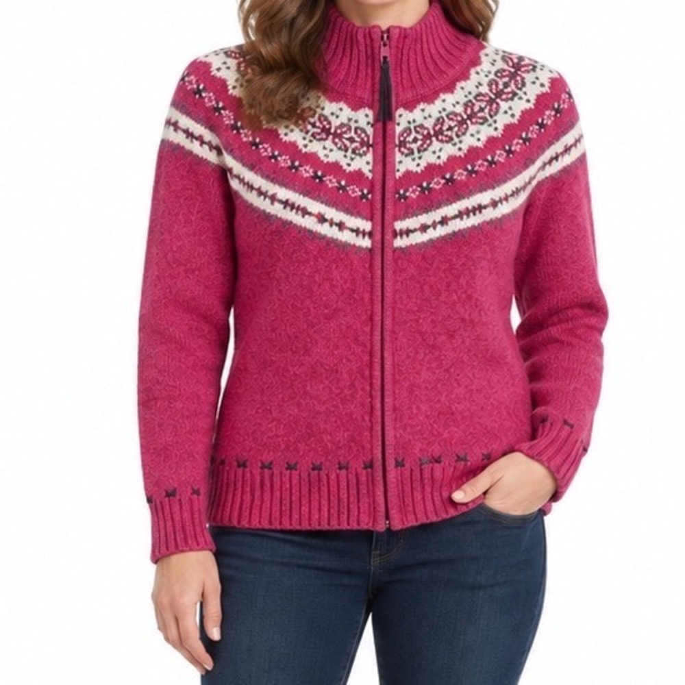Vintage Tiara Int. Red Full Zip Nordic Sweater Large Cotton Ramie Y2K Fair Isle